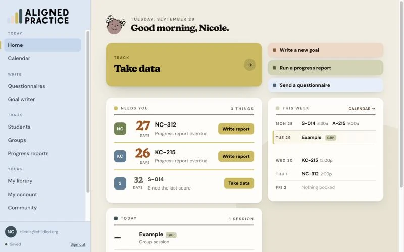 The Aligned Practice dashboard, showing which students need a progress report and which sessions are booked this week
