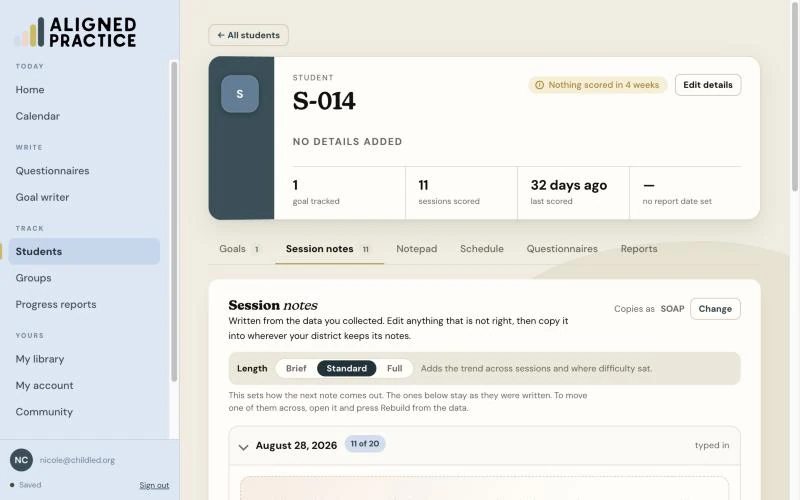 A session note written from the data collected in session, with a SOAP format option and brief, standard or full length